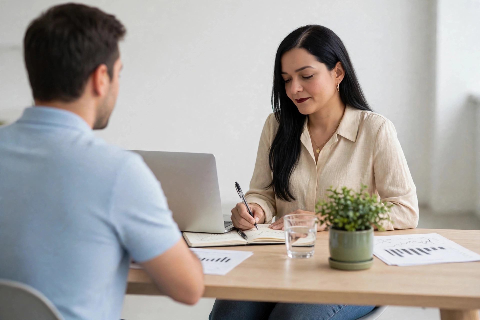 Katherine Rodriguez asesorando a un cliente en una reunión personalizada, tomando notas de su plan de protección