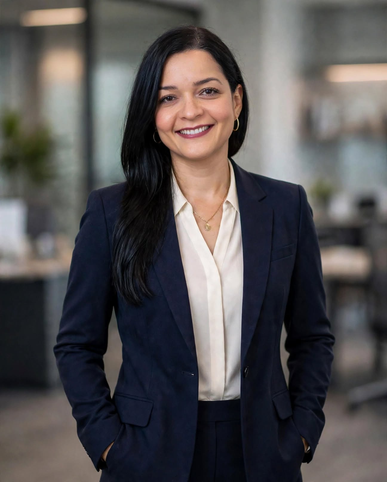 Katherine Rodriguez con blazer azul marino y blusa blanca, las manos en los bolsillos, sonriendo de frente a la cámara en un retrato de medio cuerpo en su oficina