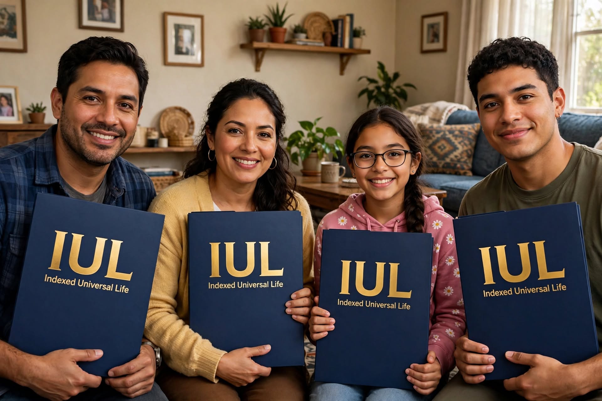Familia de cuatro —papá, mamá, hija con lentes e hijo joven— sentados juntos en la sala, cada uno sosteniendo su carpeta azul marino que dice IUL Indexed Universal Life en letras doradas
